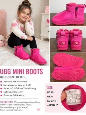 UGG Kids Hot Pink Mini Ankle Boots Side Zip Size 10